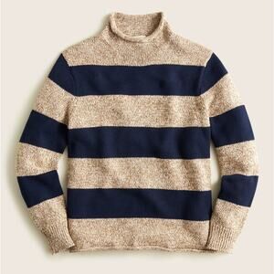 J. CREW Marled Cotton Rollneck Sweater Rugby Stripe Navy Cream Sz L $138 {H13}